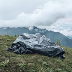 A large, black plastic sheet lies on a grassy mountain slope, against a backdrop of hazy mountains and clouds.  The scene evokes feelings of isolation and environmental concern