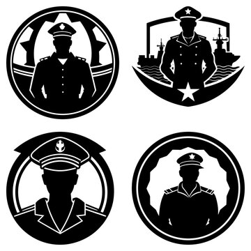 Four black and white emblems featuring uniformed figures ships and stars in various circular designs