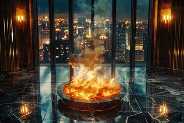 A large, circular fire pit burns brightly in a luxurious, high-rise apartment overlooking a glittering, nighttime cityscape.  The room's dark marble floor reflects the flames and city lights