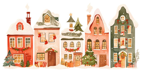 PNG Christmas five houses christmas illustration decorations.