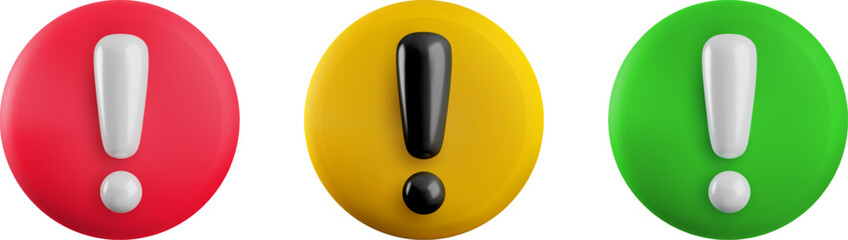 Vector cartoon 3d exclamation mark sign set. 3d Render of red round, yellow, green attention sign. Plastic warning symbol, caution notification icon for infographic, web, app, design, game.