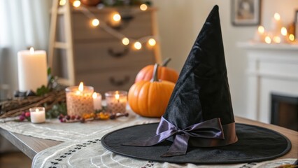 Halloween Witch Hat with Pumpkins and Candles