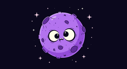 Cute Purple Cartoon Planet Character with Big Eyes in Space.