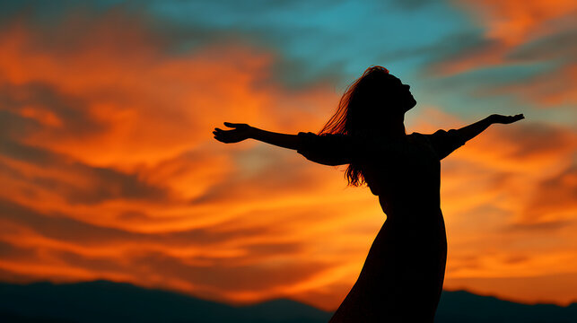Silhouette of woman with arms outstretched against a vibrant sunset