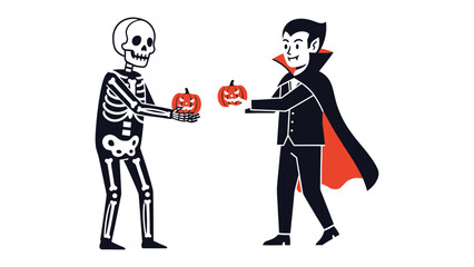 Halloween Exchange: Spooky illustrated scene of skeleton and vampire exchanging carved jack-o'-lanterns, perfect for Halloween themes.