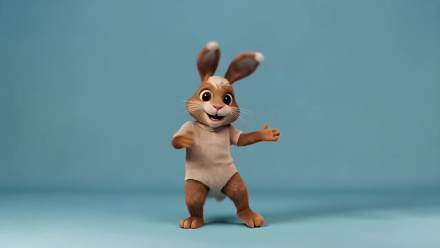 Person Wearing Rabbit Costume Head Jumping and Dancing on Blue Background for Spring Holiday Celebration