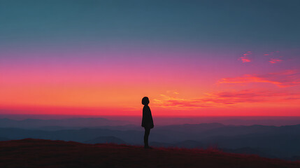 Silhouette contemplation against the fiery sunset backdrop over mountains, serenity concept