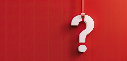 A large white question mark hangs from a red strap against a red background, symbolizing uncertainty or inquiry