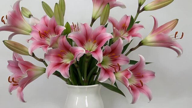 Close-Up View of Delicate Pink Peruvian Lily Flower Arranged in Vase Against White Setting
