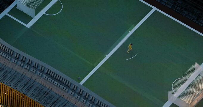 Soccer action scene from above with player in yellow jersey score goal aerial view render animation