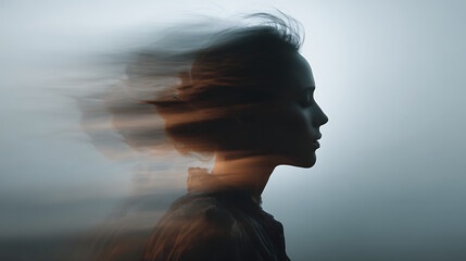 Ethereal profile of a woman with abstract motion blur, symbolizing memory and introspection