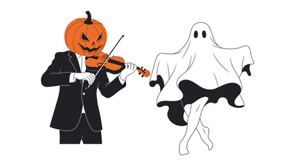 Halloween Symphony: Spooky illustration of a pumpkin-headed violinist serenading a dancing ghost. A playful, artistic depiction of Halloween's whimsical side.