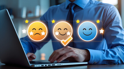 Customer Feedback Analysis: A business professional intently assesses customer sentiment, using a laptop to analyze user feedback. The image reflects the crucial role of data-driven decision-making