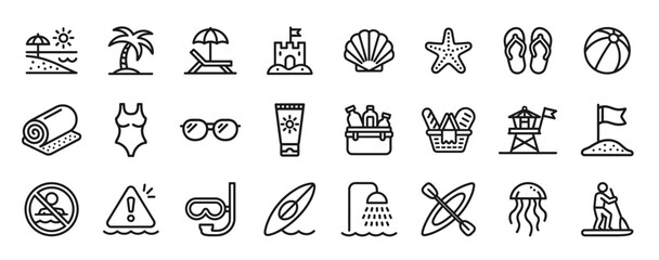 Beach icon set. Line icons of umbrella, palm tree, swimsuit, shell, starfish, ball, and surfboard. Editable stroke. Vector illustration.