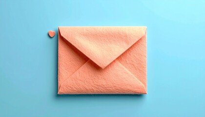 A light coral felt envelope rests on a light blue background, with a small pink heart-shaped object slightly separated to the left