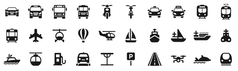 Transport Icon Set. Solid icons of car, bus, train, airplane, ship, bicycle, and more. Vector illustration.