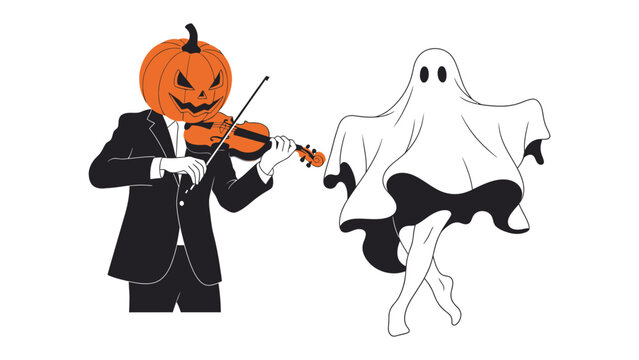 Halloween Symphony: Spooky illustration of a pumpkin-headed violinist serenading a dancing ghost. A playful, artistic depiction of Halloween's whimsical side.