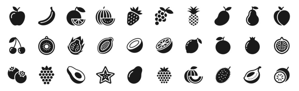 Fruit Icon Set. Solid icons of tropical fruits, healthy food, and natural nutrition. Vector illustration.