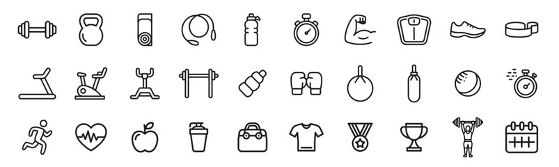 Fitness icon set. Line icons of dumbbell, kettlebell, treadmill, stopwatch, boxing gloves, heart, and gym equipment. Editable stroke. Vector illustration.