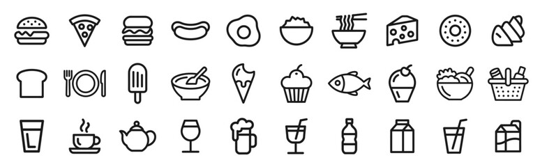 Line icons of food, drink, meal, and restaurant items. Vector illustration.