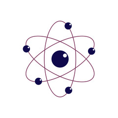 Stylized atom model with orbiting spheres and central eye shape, representing science and research