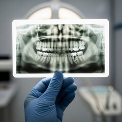 Dental X-ray of teeth being held by gloved hand in clinic  