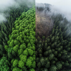 A forest with a clear line dividing it into two halves. One half is lush and green, while the other half is barren and dry. The contrast between the two halves creates a sense of sadness and loss