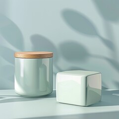 A light teal ceramic jar with a wooden lid sits beside a teal cube on a pale teal surface, illuminated by soft light casting leaf shadows on the background wall