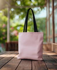 A light pink tote bag with black straps sits on a wooden surface outdoors, with a blurred green background