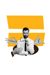 Vertical photo collage of serious minded businessman hold glasses hands shake gesture shaka okay show arm isolated on painted background