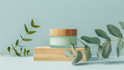 A light-green cosmetic cream jar with bamboo lid sits on a pale wooden block, flanked by eucalyptus sprigs against a light-blue background