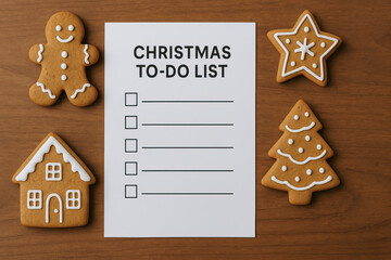 Christmas to do list checklist with blank items on white paper surrounded by gingerbread cookie decorations creating cheerful holiday planning mood