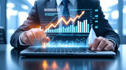 Navigating the Data: A high-angle shot focuses on an individual in a suit, expertly manipulating the data of a business. Using cutting-edge technology with focus of an up and coming plan of business.