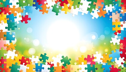 Colorful jigsaw puzzle frame on a light blue background