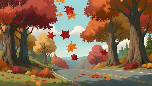 Hello autumn in cartoon style. Non-urban autumn landscape with falling autumn leaves and road going into the distance.