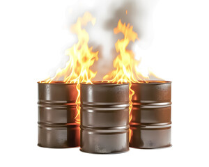 Steel fuel barrels in fire on light background