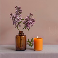 A lit orange candle rests on a table beside a brown glass vase holding lilac blossoms against a muted pink background