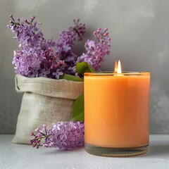 A lit orange candle sits beside a burlap sack of lilac blossoms on a light grey surface