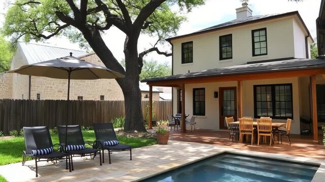 Relaxing backyard pool area with seating and shade