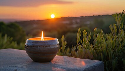 A lit candle in a rustic ceramic holder sits on a stone surface, overlooking a serene sunset landscape with rolling hills and distant villages