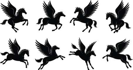Pegasus silhouette, flying horse, mythical creature, winged stallion, fantasy animal, black vector, graceful motion, dynamic pose, legend, majestic flightPegasus  © Its Morsed here