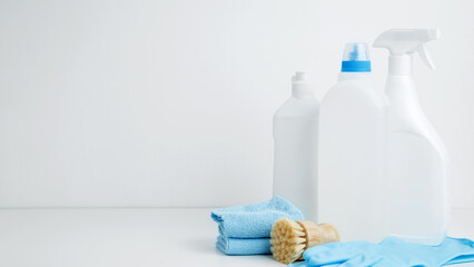 Household cleaning and hygiene concept. Cleaning supplies branding mockup, ready for a productive and satisfying spring refresh