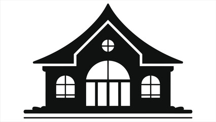 Elegant Villa Silhouette Icon with Text Label - Black Vector Illustration of Modern House Building for Real Estate Branding, Architecture Logo, Property Management, Luxury Residence, Vacation Rental.