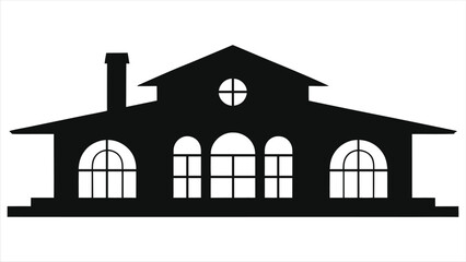 Villa Silhouette Icon with Arched Windows, Chimney, and Gabled Roof, Modern Architectural Design, Luxury Home Vector Illustration, Minimalist House Symbol