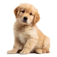 Cute golden retriever puppy sitting down, white isolated background
