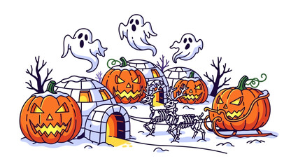 Spooky Halloween Scene: An artistic depiction of Halloween's spookiest elements, a scene featuring carved pumpkins, playful ghosts, and an eerie sleigh in a stylized setting. 