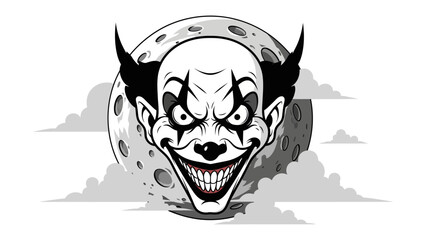 Horror Clown with Menacing Smile: A chilling horror clown illustration with an unsettling grin and a piercing gaze, set against a backdrop of a spooky moon.