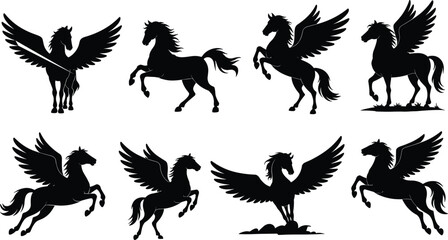 Pegasus silhouette, winged horse vector, flying mythical creature, fantasy animal, black horse with wings, elegant pose, magical flight, rearing © Its Morsed here