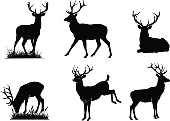 Black silhouette collection of deer with antlers in standing, walking, grazing, resting, and jumping poses wildlife vector illustration design