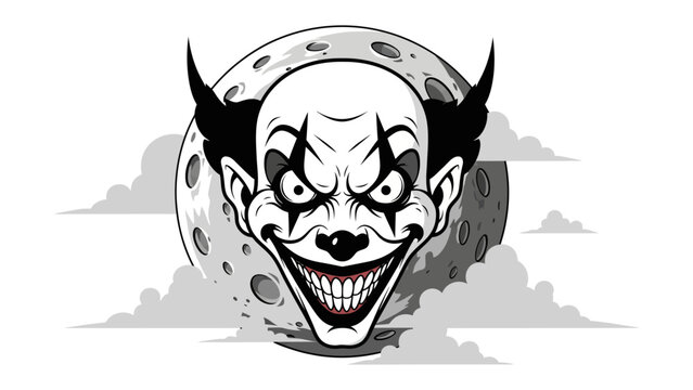 Horror Clown with Menacing Smile: A chilling horror clown illustration with an unsettling grin and a piercing gaze, set against a backdrop of a spooky moon.